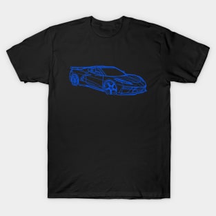 Blue C8 Corvette Racecar 3/4 view Silhouette Outline Blue Supercar Sports car Racing car T-Shirt